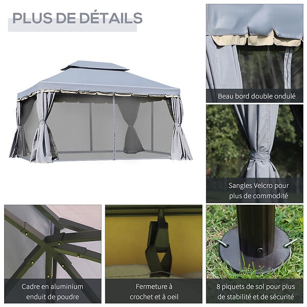 OUTSUNNY - Tonnelle barnum pavillon de jardin style colonial double toit toile moustiquaires et toiles amovibles 3,9L x 2,9l x 2,8H m gris - large