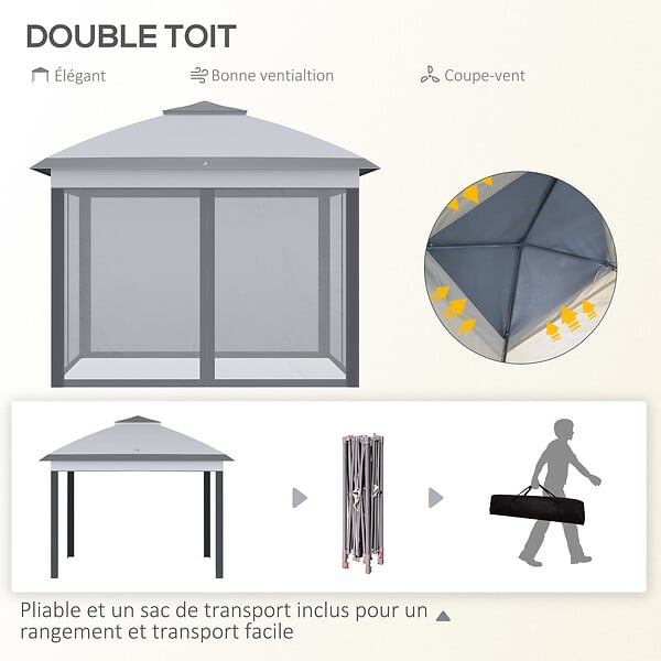 OUTSUNNY - Tonnelle barnum automatique pop-up dim. 3,3L x 3,3l x 2,88H m moustiquaires sac transport métal oxford gris - large
