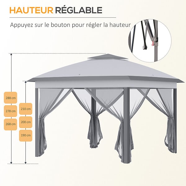 OUTSUNNY - Tonnelle barnum automatique pop-up dim. 3,3L x 3,3l x 2,88H m moustiquaires sac transport métal oxford gris - large