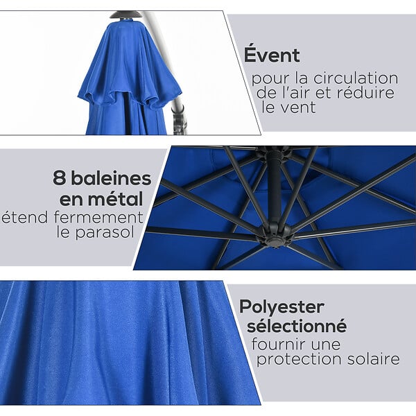 OUTSUNNY - Parasol déporté octogonal inclinable rabattable diamètre 2,97 m parasol de jardin avec pied en croix bleu - large