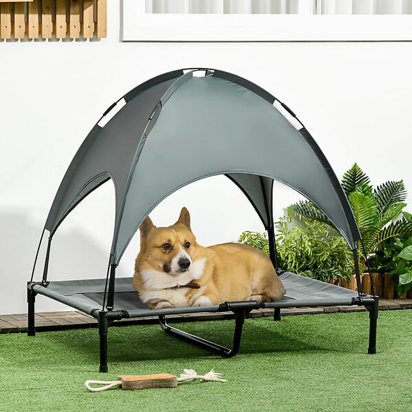 PAWHUT - Lit pour chien chat sur pieds lit de camp lit surélevé rafraîchissant velum anti-UV Oxford micro-perforé parasol et sac de transport inclus dim. 92L x 76l x 90H cm gris noir - large