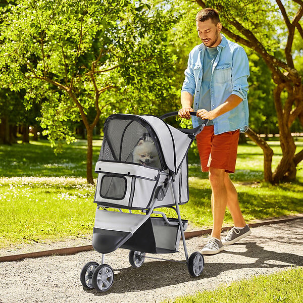 PAWHUT - Poussette buggy pliable animaux chariot pliant chien chat porte-gobelet panier de rangement inclus roues avec frein tissu 600D Oxford métal gris - large
