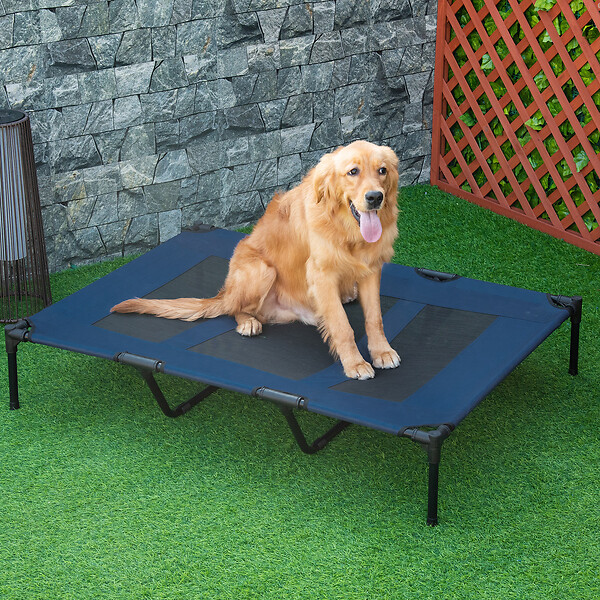 PAWHUT - Lit sur pieds XXL pour chien chat lit de camp animal lit surélevé Oxford textilène micro-perforé dim. 122L x 92l x 23H cm bleu - large