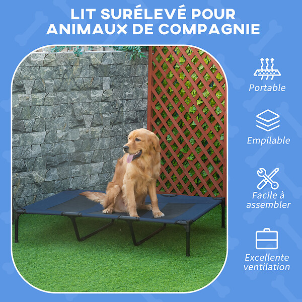 PAWHUT - Lit sur pieds XXL pour chien chat lit de camp animal lit surélevé Oxford textilène micro-perforé dim. 122L x 92l x 23H cm bleu - large