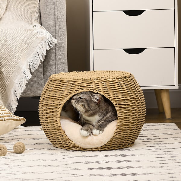 PAWHUT - Panier chat lit chat cosy grand confort dim. Ø 40 x 30H cm coussin moelleux inclus polyester résine beige - large