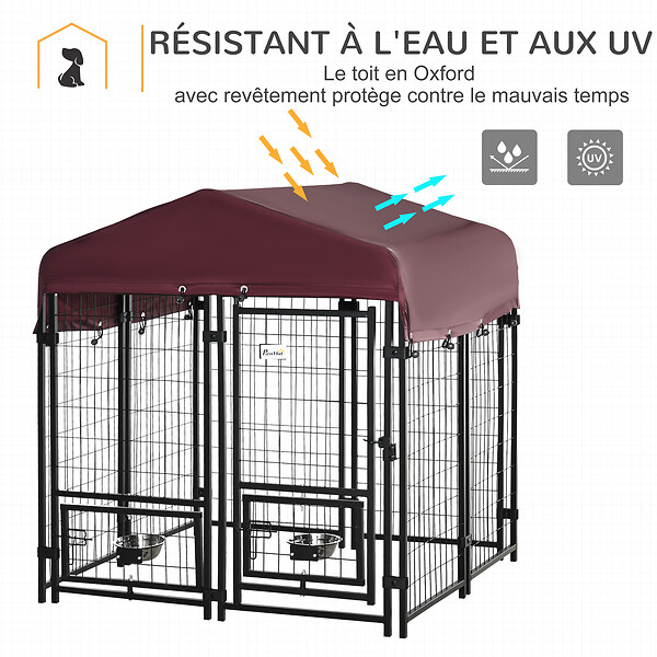 PAWHUT - Chenil extérieur pour chien - cage chien - enclos chien - toile toit imperméable anti-UV, porte verrouillable, 2 bols rotatifs - acier noir oxford pourpre - large