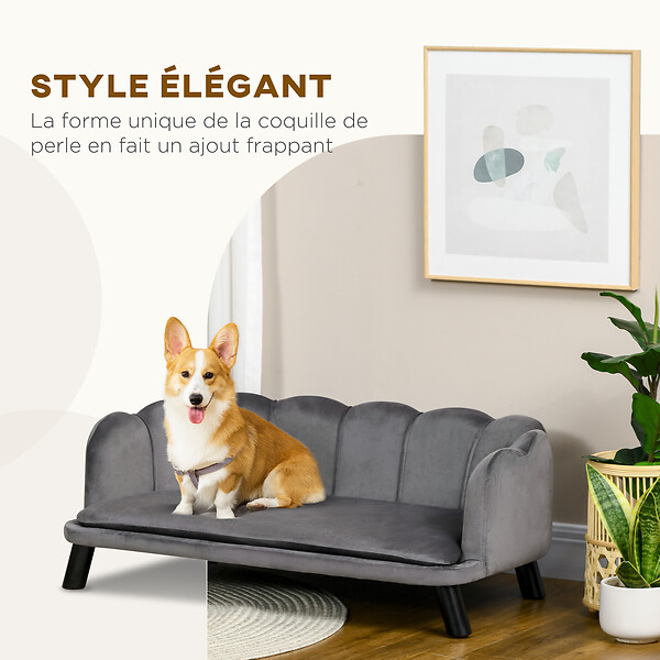 PAWHUT - Canapé chien lit pour chien chat design contemporain coquillage dim. 98L x 60l x 35H cm coussin moelleux velours gris - large