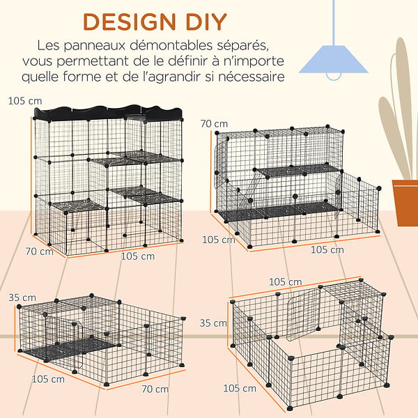 PAWHUT - Cage parc enclos chat modulable dim. L105 x l70 x H105 cm 3 niveaux 2 portes rampe plateformes PE motif graphique fil métallique noir - large