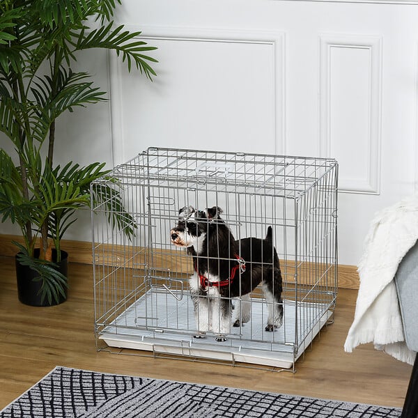 PAWHUT - Cage pour chien pliable - plateau excrément coulissant - 2 portes verrouillable, poignée - dim. 61L x 43l x 50H cm - fer galvanisé PP blanc - large