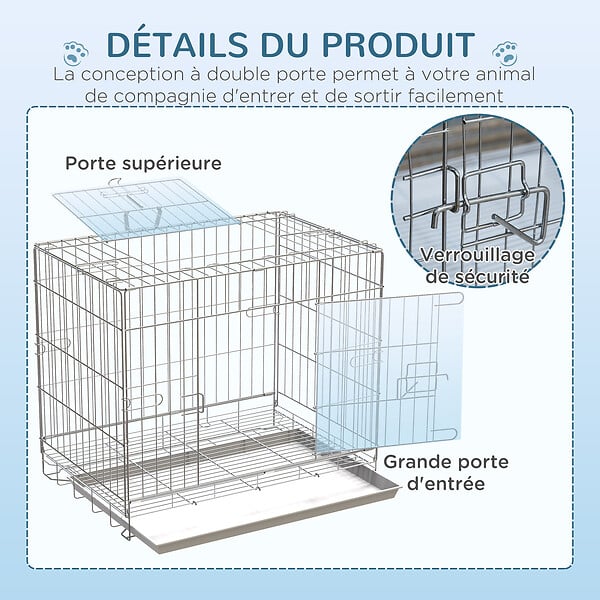 PAWHUT - Cage pour chien pliable - plateau excrément coulissant - 2 portes verrouillable, poignée - dim. 61L x 43l x 50H cm - fer galvanisé PP blanc - large