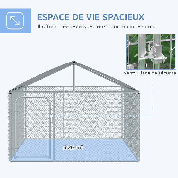 PAWHUT - Chenil extérieur avec toit pour chien 5 m² - parc grillagé 230 x 230 x 175 cm - espace couvert - acier galvanisé - large