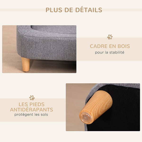 PAWHUT - Canapé chien lit pour chien design scandinave déhoussable dim. 75L x 55l x 39H cm pieds bois tissu polyester gris - large