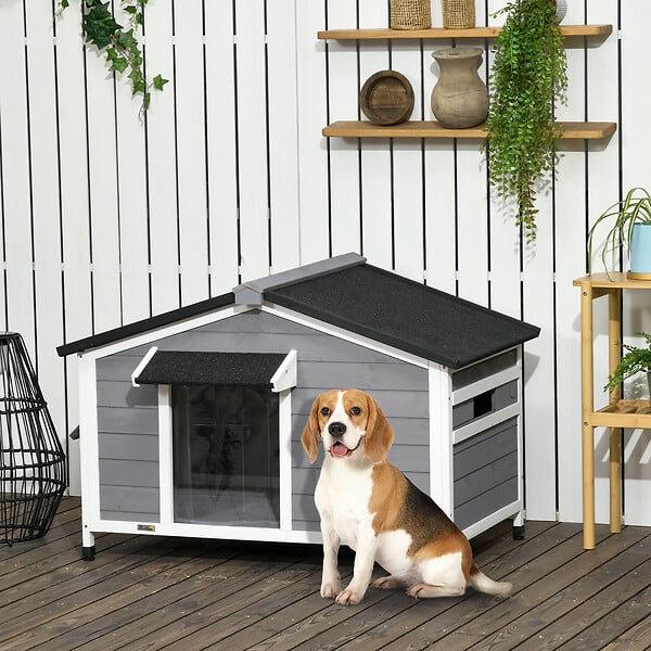 PAWHUT - Niche chien style cottage - 2 fenêtres, porte, toit ouvrant bitumé - bois sapin gris - large