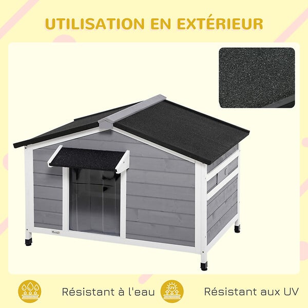 PAWHUT - Niche chien style cottage - 2 fenêtres, porte, toit ouvrant bitumé - bois sapin gris - large