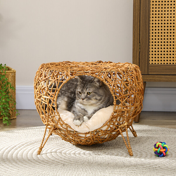 PAWHUT - Panier chat lit chat cosy grand confort dim. Ø 40 x 32H cm coussin moelleux inclus polyester beige rotin - large
