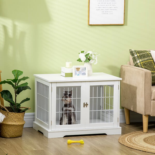 PAWHUT - Cage pour chien animaux table d'appoint 2 en 1 - 2 portes verrouillables - dim. 76L x 54,5l x 56H cm - MDF acier blanc - large