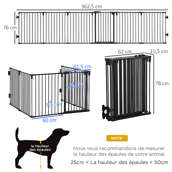 PAWHUT - PawHut Barrière de sécurité - parc enclos chien modulable pliable - porte verrouillable - 6 panneaux acier et PP - dim. 362,5L max. x 76H cm noir - large
