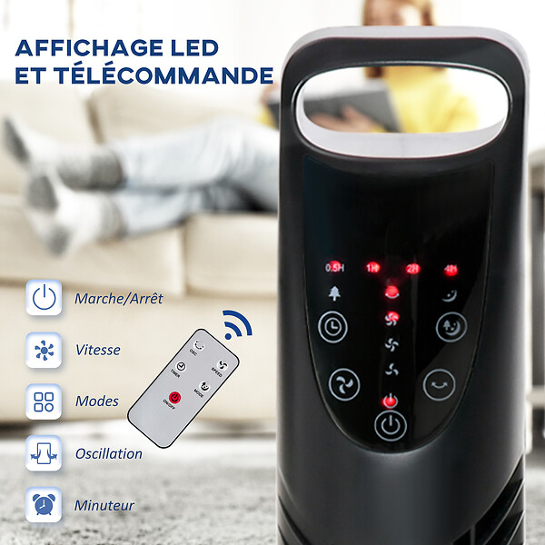 HOMCOM - Ventilateur colonne tour oscillant silencieux 40 W télécommande panneau contrôle tactile 3 vitesses Ø 18 x 78H cm noir - large