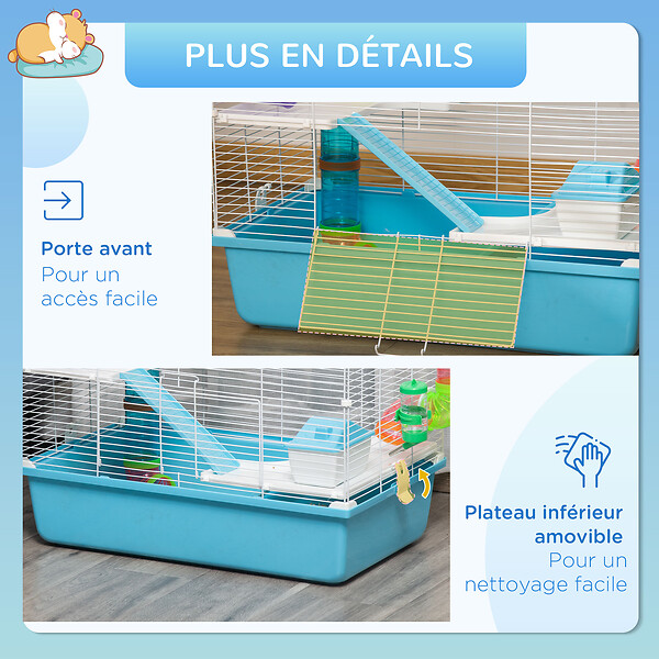 PAWHUT - Cage à hamsters 3 niveaux - tunnel, abreuvoir, roue, maisonnette, échelles - dim. 59L x 36l x 47H cm - métal PP bleu blanc - large