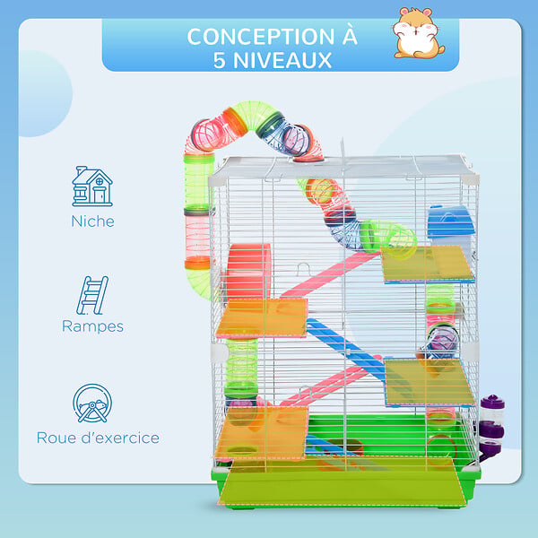 PAWHUT - Cage pour hamster souris rongeur 4 étages avec tunnels mangeoire roue maison échelles dim. 46L x 30l x 58H cm vert - large