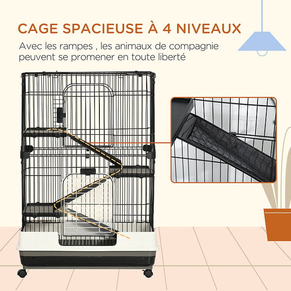 PAWHUT - Cage pour cochons d'Inde chinchilla rongeur sur roulettes - 3 étages, 2 portes, trappe, plateau déjection - noir gris - large