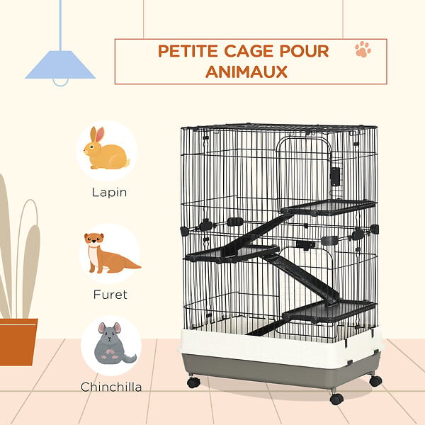 PAWHUT - Cage pour cochons d'Inde chinchilla rongeur sur roulettes - 3 étages, 2 portes, trappe, plateau déjection - noir gris - large