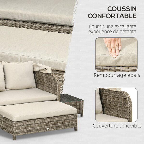 OUTSUNNY - Ensemble salon de jardin 2 places 4 pcs - canapé, repose-pieds, 2 tables basses - coussins inclus - résine grise polyester kaki - large
