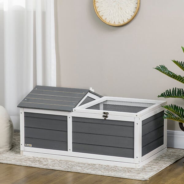 PAWHUT - Enclos pour tortue - parc pour tortue - niche, enclos extérieur grillagé, toit ouvrant verrouillable - sapin gris blanc - large