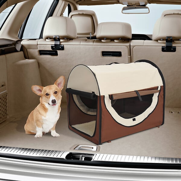 PAWHUT - Sac de transport pour chien et chat pliable - poignée, entrée zippée, fenêtres maillées enroulables- coussin inclus - acier oxford marron beige - large