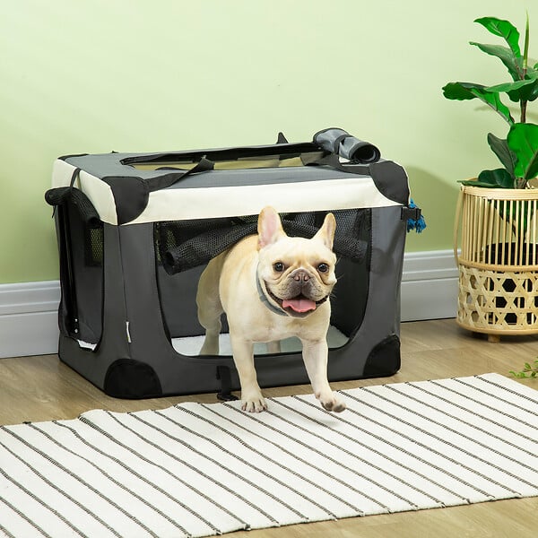 PAWHUT - Sac de transport pour chien et chat pliable - poignée, 3 entrées zippées, poche - coussin amovible inclus - acier oxford polyester gris noir - large