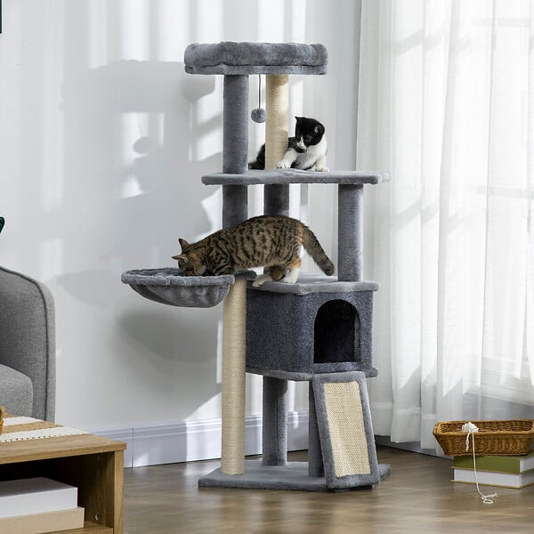 PAWHUT - Arbre à chat multi-équipement griffoirs grattoirs plateforme niche hamac jeu boule suspendue gris - large