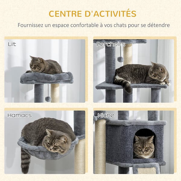 PAWHUT - Arbre à chat multi-équipement griffoirs grattoirs plateforme niche hamac jeu boule suspendue gris - large