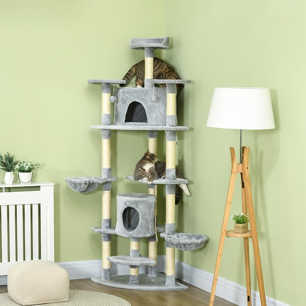 PAWHUT - Arbre à chat multi-équipement griffoirs 2 niches 2 hamacs plateformes boules suspendues corde peluche grise - large