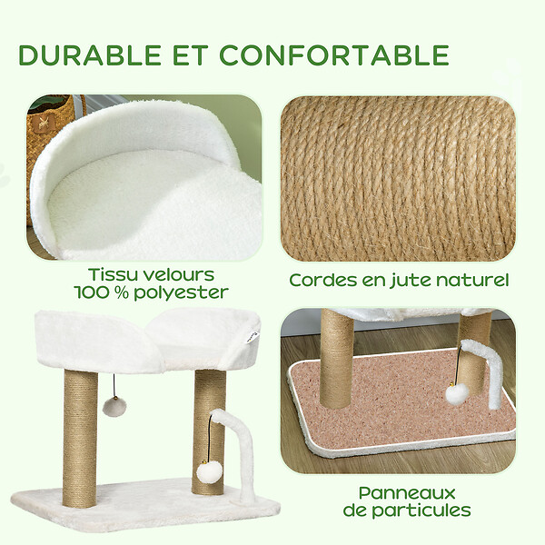 PAWHUT - Arbre à chat 2 griffoirs jute naturelle panier jeu 2 boules suspendues avec clochettes peluche blanche - large