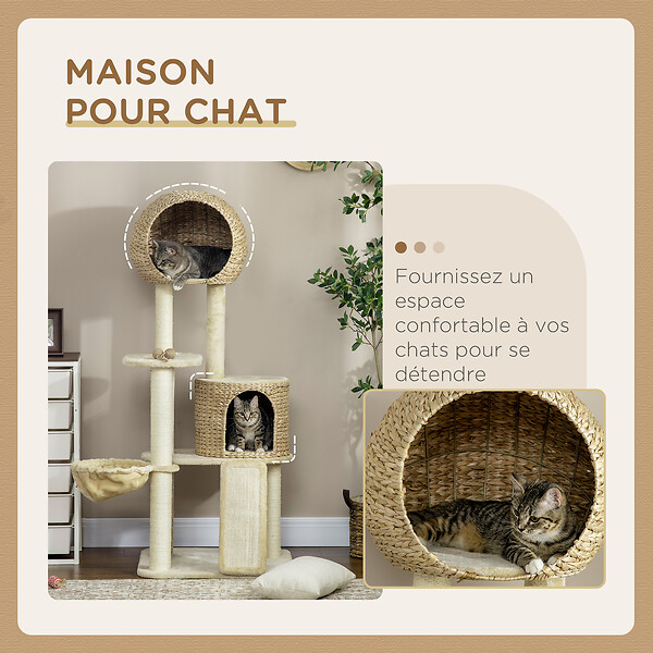 PAWHUT - Arbre à chat style cosy chic griffoirs grattoir sisal 2 grandes niches plateforme hamac peluche courte beige jacinthe d'eau - large