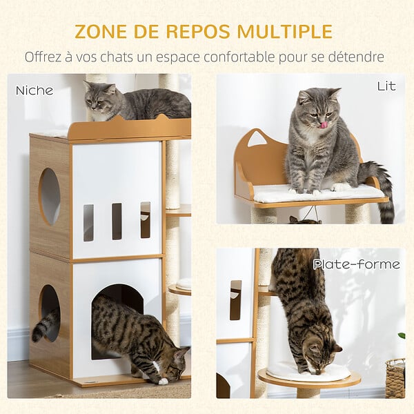 PAWHUT - Arbre à chat design contemporain griffoir sisal naturel 2 niches plateformes jeu boule suspendue MDF blanc aspect hêtre clair - large