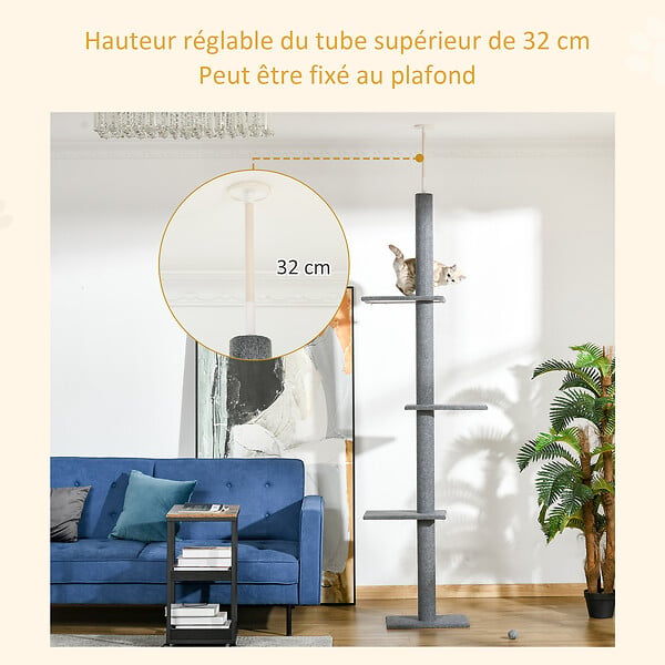 PAWHUT - Arbre à chat poteau à griffer hauteur réglable dim. 43L x 27I x 228-260H cm 4 niveaux d'activités gris clair - large