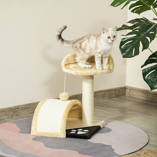 PAWHUT - Arbre à chat griffoir grattoir design jeu boule suspendue + plateforme peluche sisal naturel beige - large
