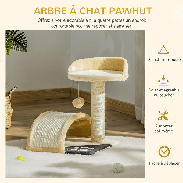 PAWHUT - Arbre à chat griffoir grattoir design jeu boule suspendue + plateforme peluche sisal naturel beige - large