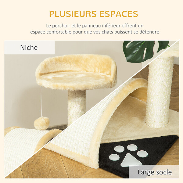 PAWHUT - Arbre à chat griffoir grattoir design jeu boule suspendue + plateforme peluche sisal naturel beige - large