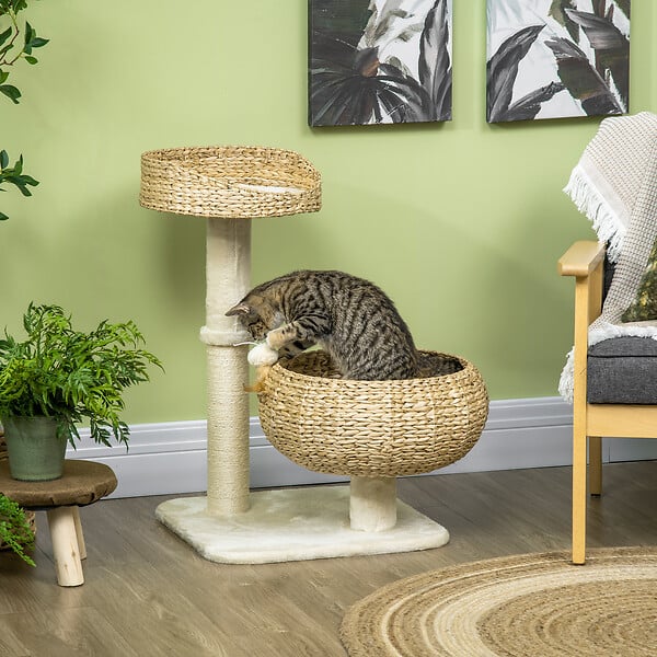 PAWHUT - Arbre à chat griffoir 2 niveaux hauteur 72 cm poteau sisal avec niche et plate-forme 1 balle suspendue beige - large