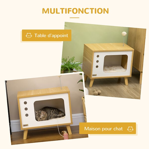 PAWHUT - Maison pour chat design poste de télévision - niche chat panier chat - coussin amovible, boule à ressort - aspect bois clair blanc - large