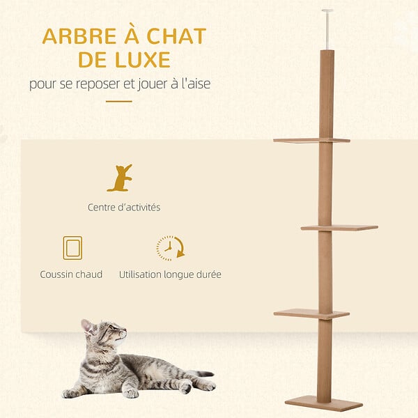 PAWHUT - Arbre à chat poteau à griffer hauteur réglable dim. 43L x 27I x 228-260H cm 4 niveaux d'activités marron - large