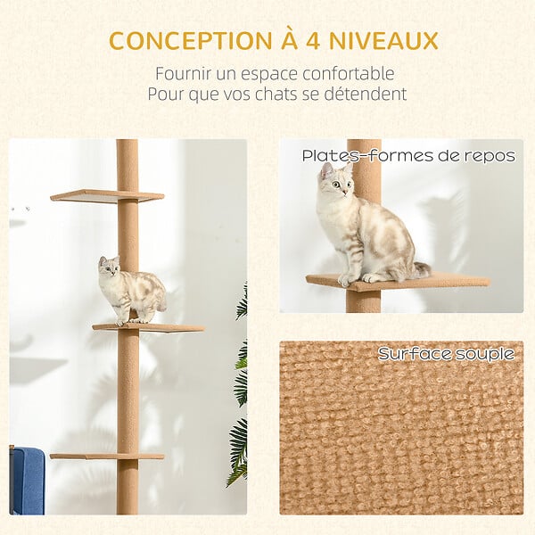 PAWHUT - Arbre à chat poteau à griffer hauteur réglable dim. 43L x 27I x 228-260H cm 4 niveaux d'activités marron - large