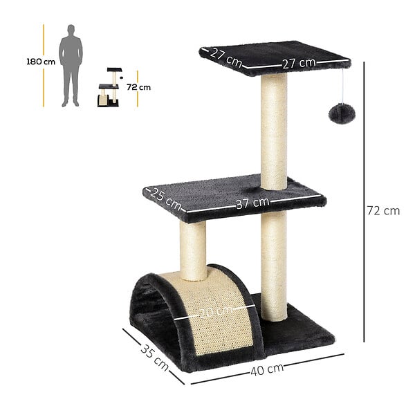 PAWHUT - Arbre à chat griffoir grattoir design jeu boule suspendue 2 plateformes peluche sisal naturel gris - large