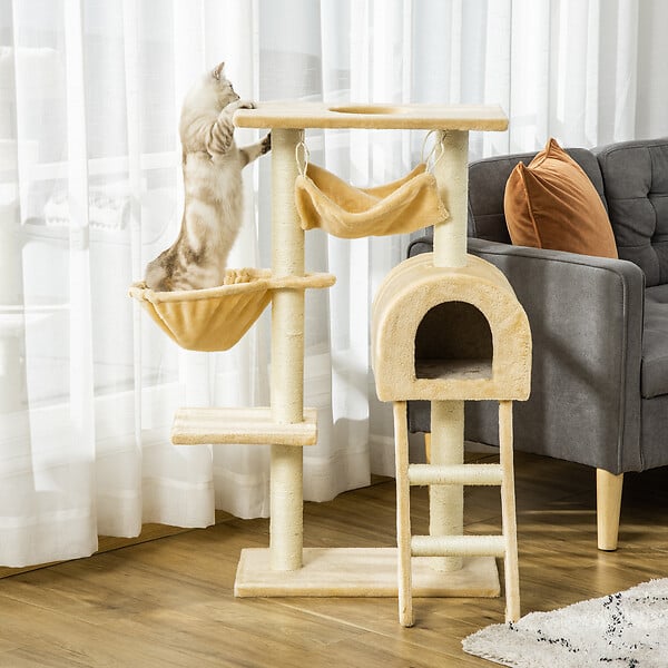 PAWHUT - Arbre à chat griffoir arbre à grimper tour de jeu stable à plusieurs niveaux centre d'activités hauteur 98 cm beige - large