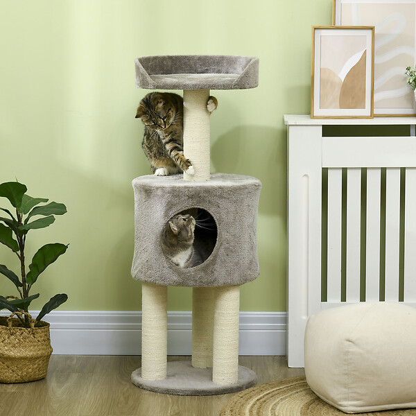 PAWHUT - Arbre à chat griffoirs sisal naturel arbre à grimper H.103 cm niche plateforme d'observation peluche grise - large