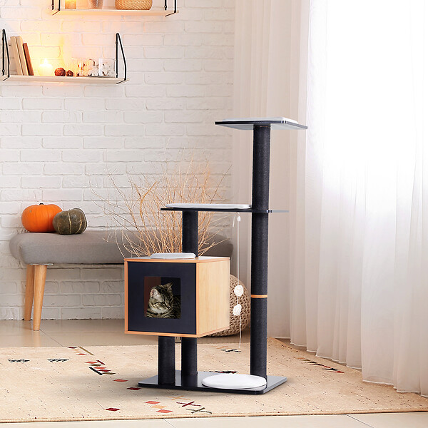 PAWHUT - Arbre à chats design contemporain griffoirs grattoirs sisal naturel centre d'activités niche plate-formes jeu boules suspendues 71L x 49l x 120H cm MDF noir hêtre - large