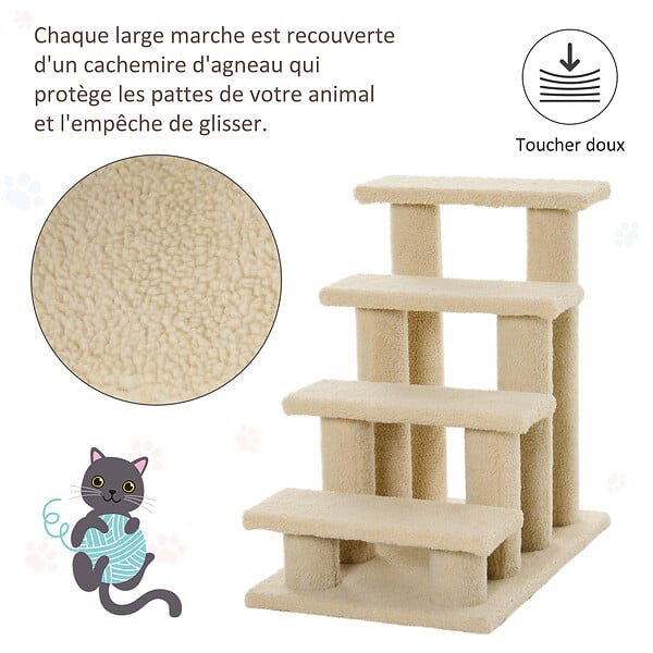PAWHUT - Escalier pour chat - escalier pour chien - 4 marches - revêtement flanelle grande douceur haute densité - structure panneaux particules - beige - large