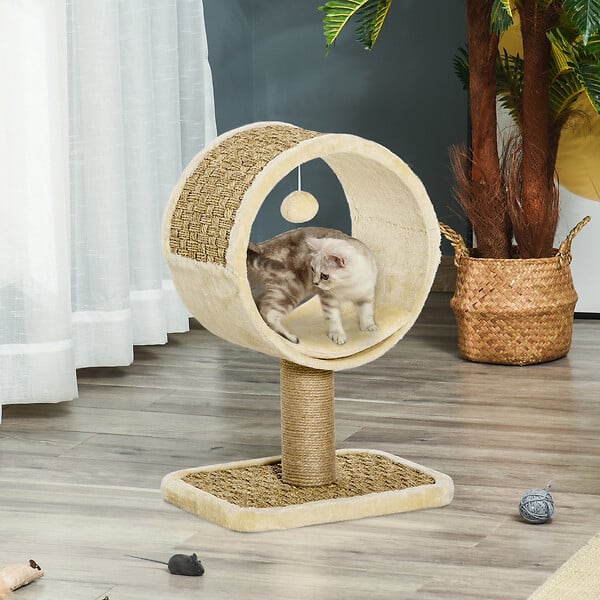 PAWHUT - Arbre à chat rond style cosy chic griffoir grattoirs sisal jeu suspendu souris niche avec coussin cordes d'algues tressées peluche courte beige - large